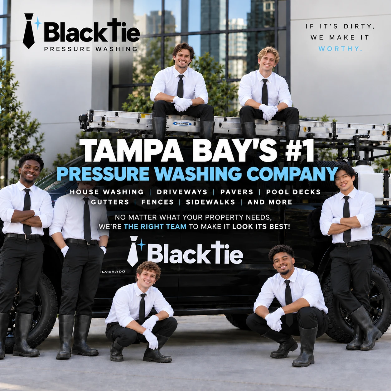 Black Tie Pressure Washing team and truck, with their logo and cleaning services