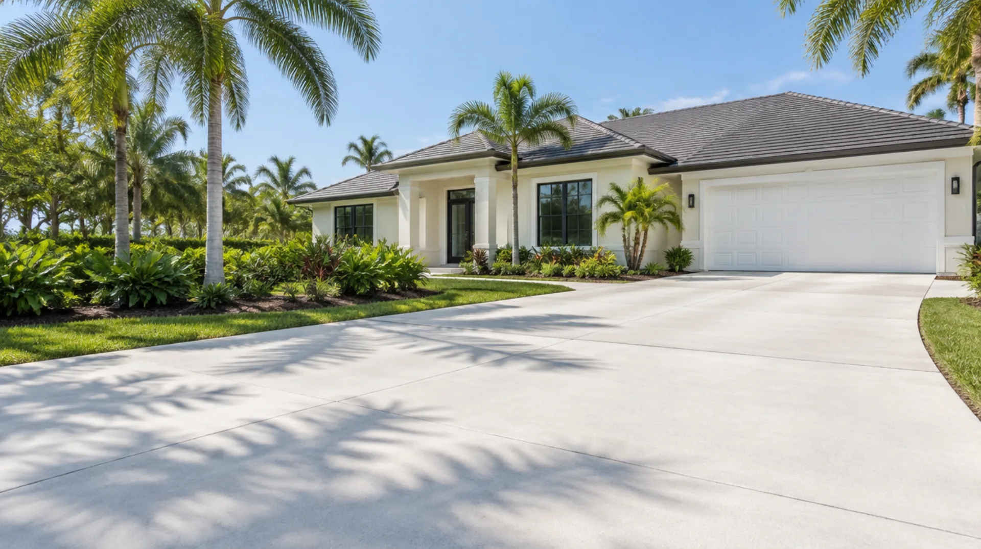 Illustrative Florida home with a clean driveway and palm-lined garden