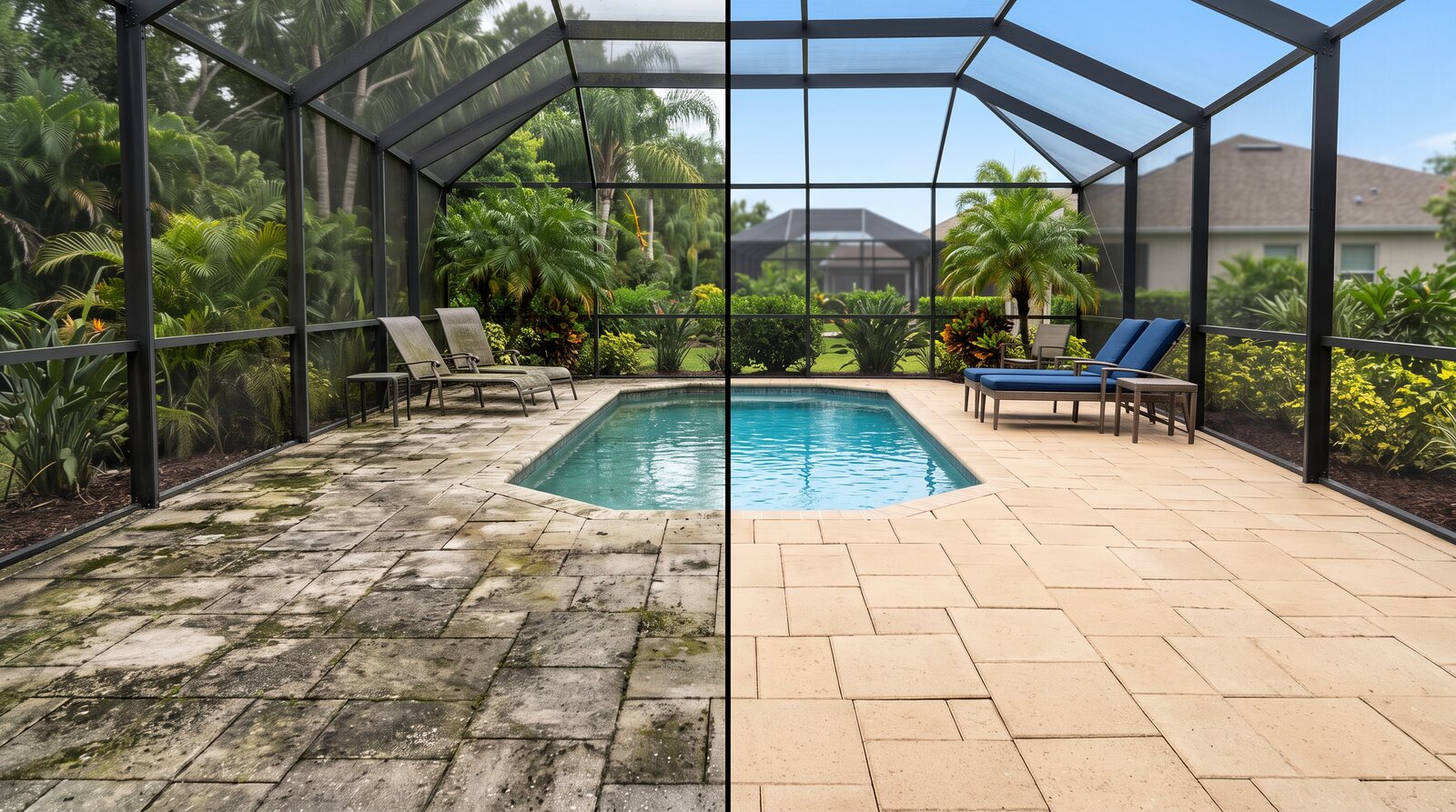 Illustrative cleaning comparison: Pool deck cleaning